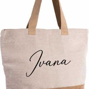 Personalizirana juco torba s imenom i jutenom bazom u prirodnoj boji, idealna za plažu, kupovinu i putovanja.