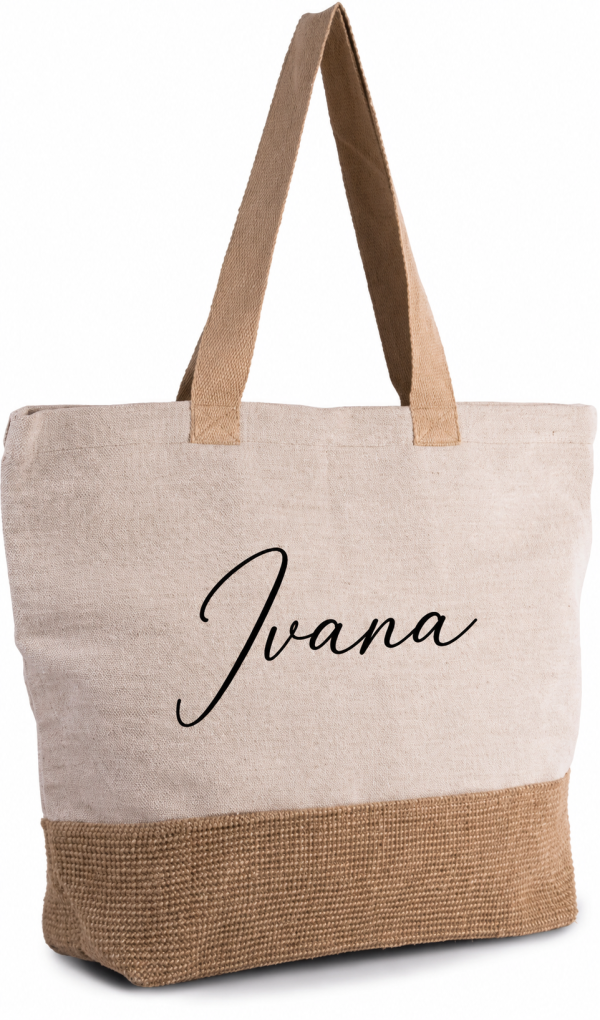 Torba Personalizirana juco torba s imenom i jutenom bazom u prirodnoj boji, idealna za plažu, kupovinu i putovanja.
